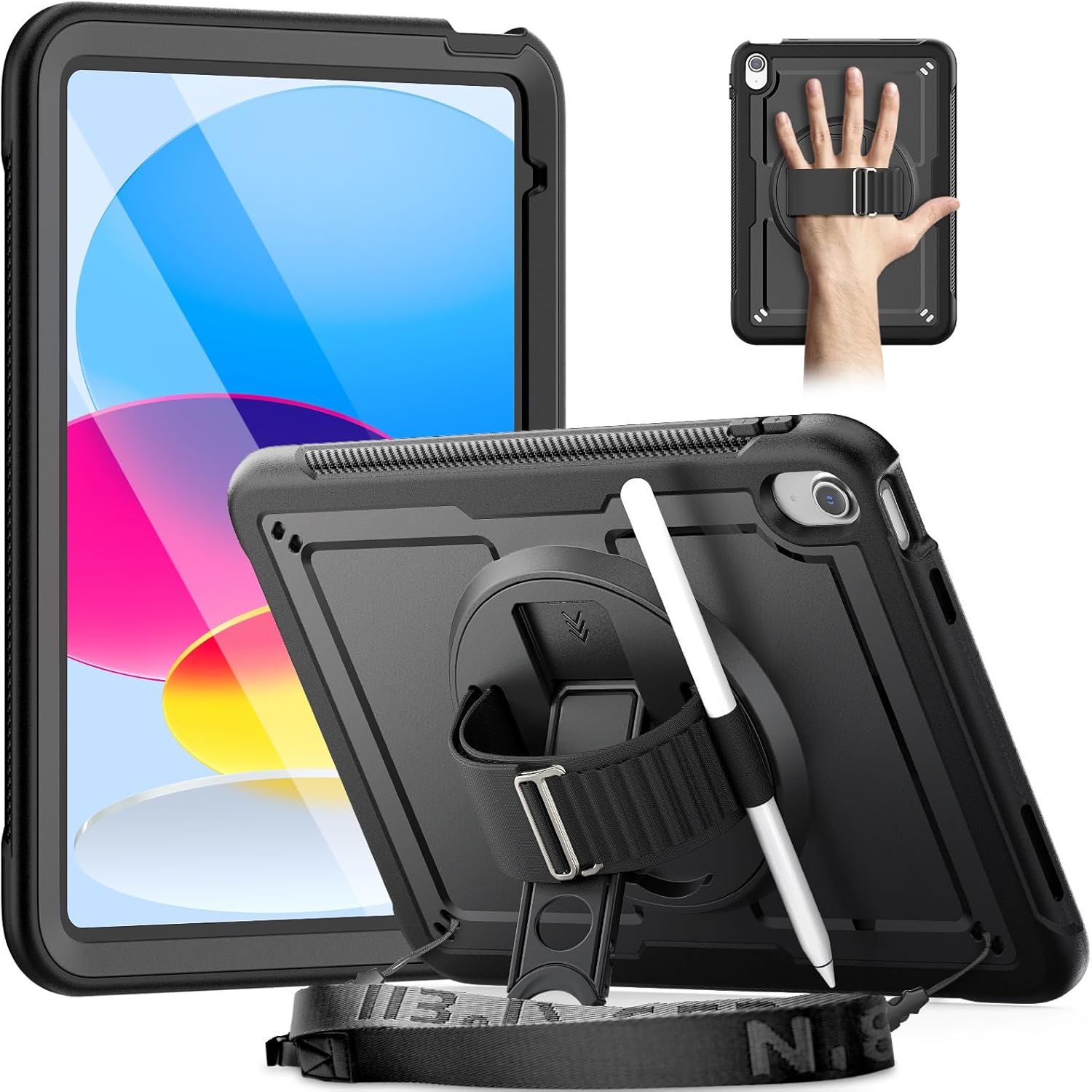 Strong Protective Case iPad 11th Gen & iPad 10th gen A16, Black, Table Stand, Grip Hold, Defender Shockproof Back Cover